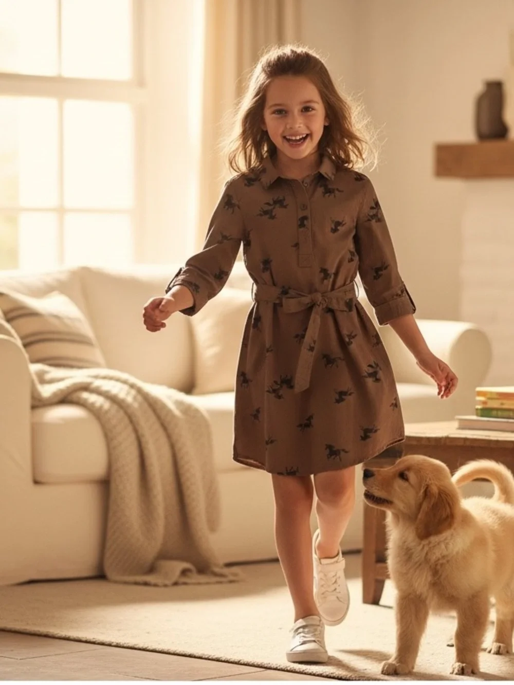 H&M Brown Unicorn Printed Shirt Dress with Tie Belt - Picture 1 of 2
